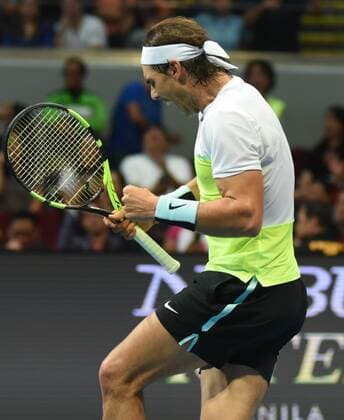 Dec. 8, 2015 - Manila, Philippines - MANILA, Philippines - SpainÃ¢â‚¬â ¢s Rafael Nadal of the Indian Aces reacts after scoring a point during the menÃ¢â‚¬â ¢s singles match for the International Premiere Tennis League (IPTL) at the Mall of Asia Arena in Pasay City, south of Manila, Philippines on December 08, 2015. International Premiere Tennis League in Manila  - ZUMAn230