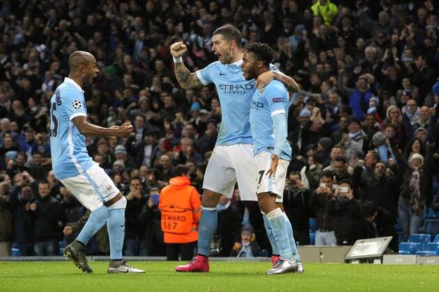 Raheem Sterling of Manchester City celebrates scoring his sides third goal - Manchester City vs Monchengladbach - UEFA Champions League - Etihad Stadium - Manchester - 08 12 2015 Pic Philip Oldham SportImage EDITORIAL USE ONLY. No use with unauthorised audio, video, data, fixture lists, club league logos or live services. Online in-match use limited to 120 images, no video emulation. No use in betting, games or single club league player publications.