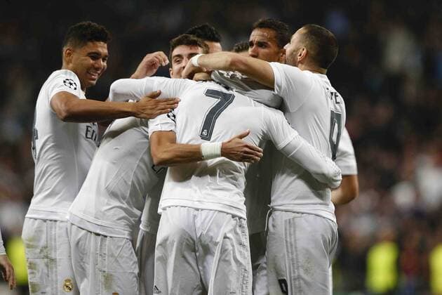 FuÃŸball, Champions League, Real Madrid - MalmÃ¶ FF 08.12.2015. Madrid, Spain. Cristiano Ronaldo dos Santos (7) Real Madrid s player celebrates after scoring his team& xb4;s 4th goal and his hat-trick during the UEFA Champions League between Real Madrid versus Malmo FF at the Santiago Bernabeu stadium xEnriquexdexlaxFuentex  ActionPlus11687312