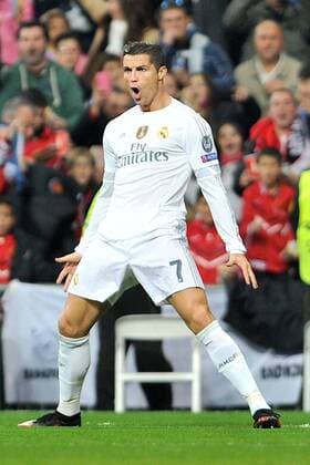 Fußball, Champions League, Real Madrid - Malmö FF Real Madrid Forward, Cristiano Ronaldo dos Santos, number 7 celebrates after scoring a goal (5,0). Round Matchday 6 of the CHAMPIONS league, soccer match between Real Madrid - Malmo at the Santiago Bernabeu estadium, Madrid - Spain by December 8, 2015. PHOTO: Gregorio Lopez. 