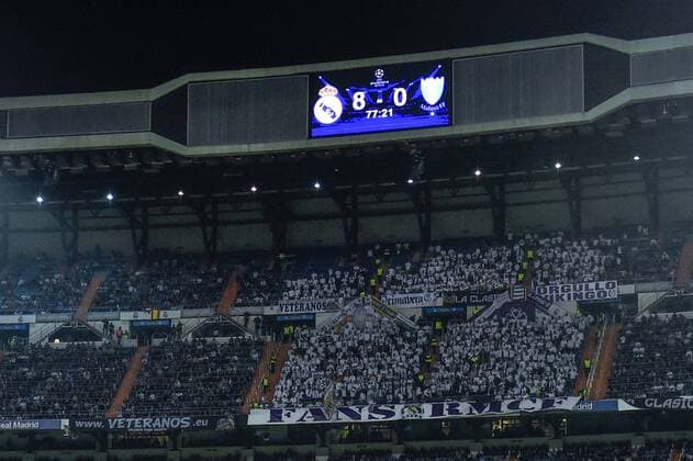 151208 Resultattavlan pa arenan visar 8-0 under fotbollsmatchen i Champions League mellan Real Madrid och Malmö FF den 8 december 2015 i Madrid.  Copyright: LUDVIGxTHUNMAN BB151208BB746
