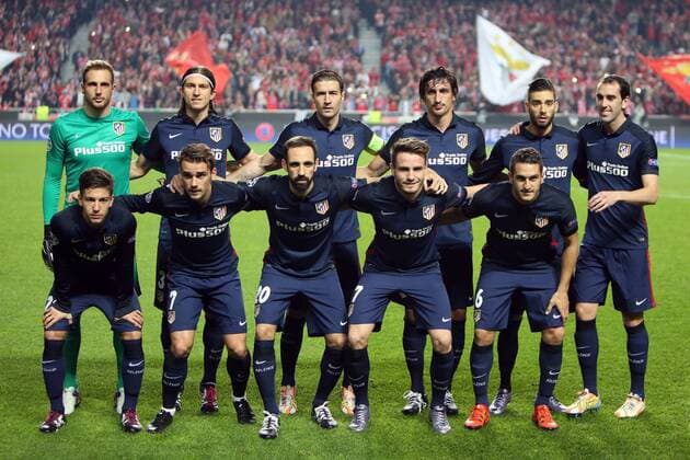 UEFA Champions League 2015 2016 - Atletico Madrid - Hintere Reihe v.li.: Jan Oblak, Filipe Luis, Gabi, Stefan Savic, Yannick Ferreira-Carrasco, Diego Godin; vorn: Luciano Vietto, Antoine Griezmann, Juanfran, Saul Niguez, Koke.  - ZUMAn230
