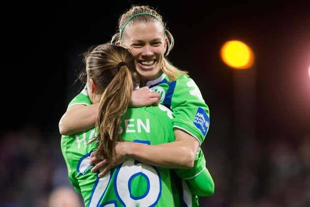 09.12.2015, xfrx, Fussball DFB-Pokal Damen, Turbine Potsdam - VfL Wolfsburg, emspor v.l. Caroline Graham Hansen (VfL Wolfsburg),Lara Dickenmann (VfL Wolfsburg) celebrate the goal,Torjubel zum 0:2
