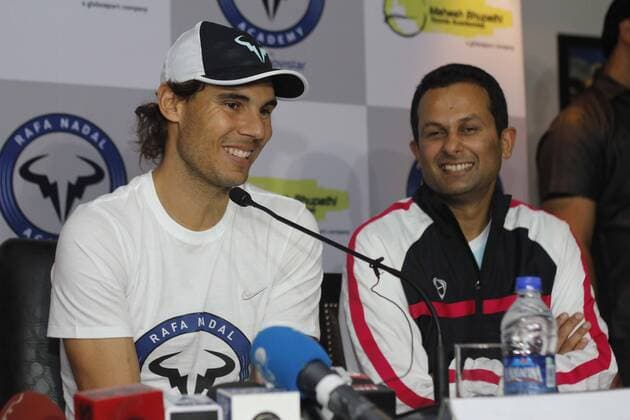 NEW DELHI, INDIA - DECEMBER 10: Rafael Nadal, Spanish Tennis player addresses during the inaugural match for a tie-up between Rafael Nadal Academy and Mahesh Bhupathi Tennis Academies (MBTA) to identify talents in India and offer them the opportunity to receive expert coaching, at R.K. Khanna Tennis Complex , RK Puram, on December 10, 2015 in New Delhi, India. (Photo by Sanchit Khanna Hindustan Times ) Rafael Nadal And Mahesh Bhupathi Tennis Academies Tie Up For Collaboration