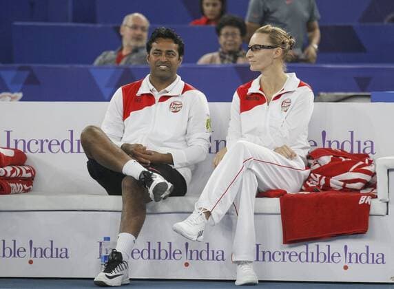 NEW DELHI, INDIA - DECEMBER 10: Leander Peas and Lucic of Legendary Japan warriors during the Coca Cola International Premier Tennis League at IG stadium, on December 10, 2015 in New Delhi, India. Legendary Japan Warriors won their first match of the International Premier Tennis League (IPTL) with a 24-21 margin against OBI UAE Royals. (Photo by Virendra Singh Gosain Hindustan Times ) Coca Cola International Premier Tennis League