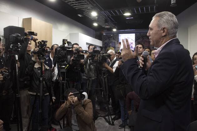MEXICO CITY, Dec. 10, 2015 -- Bulgarian former player Hristo Stoichkov (R) talks with representatives of the media during the opening of the official FC Barcelona Barca store in Mexico City, capital of Mexico, on Dec. 10, 2015. Football club Barcelona opened its first offical store in Mexico City on Thursday. ) (ah) (sp) (SP)MEXICO-MEXICO CITY-SOCCER-FC BARCELONA STORE AlejandroxAyala 