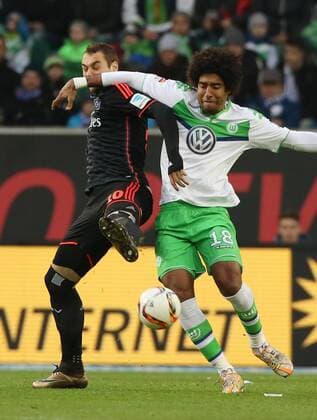 Pierre Michel Lasogga, Dante Aktion Spielszene Zweikampf Fußball Fussball DFL erste 1.Bundesliga Herren Saison 2015 2016 12.12.2015 VfL Wolfsburg vs. Hamburger SV HSV