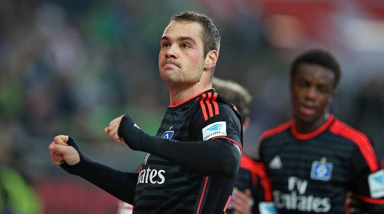 12.12.2015, Fussball 1.Bundesliga 2015 2016, 16.Spieltag, VfL Wolfsburg - Hamburger SV, in der Volkswagen Arena, Wolfsburg. Jubel Pierre-Michel Lasogga (Hamburg) zum Tor zum 0:1 