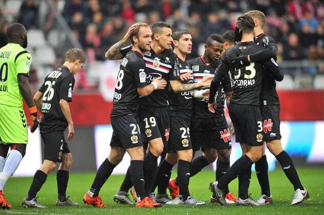 VALERE GERMAIN (Nizza) - Wallyson MALLMANN (Nizza) - JEREMY PIED Nizza) - Jean Michael SERI (Nizza) - JOIE FOOTBALL : Stade Reims vs OGC Nizza - Ligue 1 - 12 12 2015 FEP Panoramic 