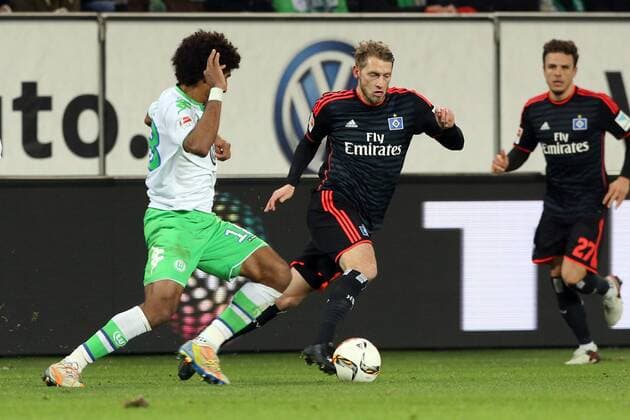 Dante, Aaron Hunt Aktion Spielszene Zweikampf Fußball Fussball DFL erste 1.Bundesliga Herren Saison 2015 2016 12.12.2015 VfL Wolfsburg vs. Hamburger SV HSV