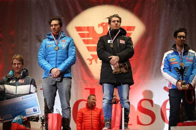 ALPINE SKIING - FIS WC Val D Isere VAL D ISERE,FRANCE,12.DEC.15 - ALPINE SKIING - FIS World Cup, giant slalom, men, award ceremony. Image shows Manuel Feller (AUT), Felix Neureuther (GER), Marcel Hirscher (AUT) and Victor Muffat-Jeandet (FRA). Keywords: medal, trophy GEPAxpictures xAndreasxPranter