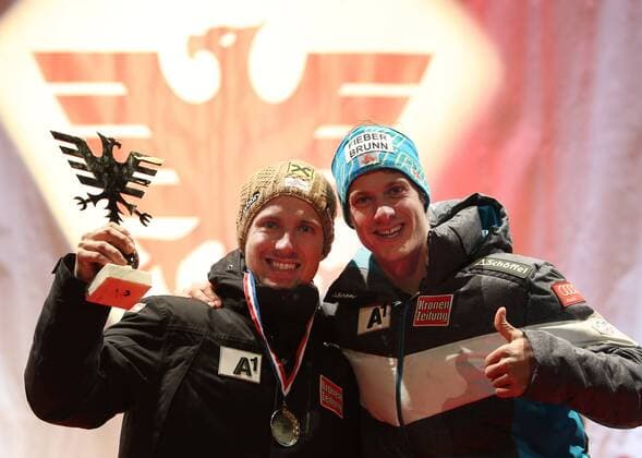 ALPINE SKIING - FIS WC Val D Isere VAL D ISERE,FRANCE,12.DEC.15 - ALPINE SKIING - FIS World Cup, giant slalom, men, award ceremony. Image shows Marcel Hirscher and Manuel Feller (AUT). Keywords: medal, trophy GEPAxpictures xAndreasxPranter