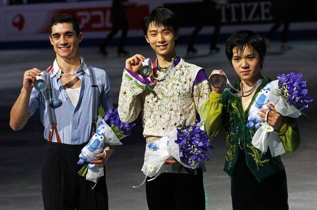 BARCELONA -december 12- SPAIN: Javier Fernandez, Yuzuru Hanyu and Shoma Uno during the awards ceremony of the ISU Gran Prix of Figure skating Eiskunstlauf final, in Barcelona on december 12, 2015. Photo: Joan Valls Urbanandsport Cordon Press 