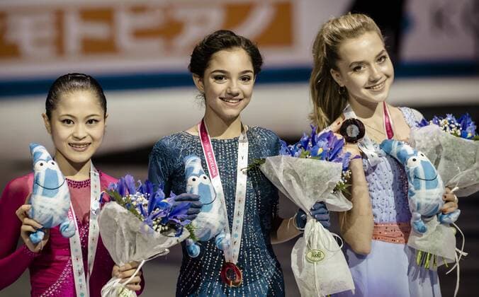 Dec. 12, 2015 - Japan s SATOKO MIYAHARA, Russia s EVGENIA MEDVEDEVA and ELENA RADIONOVA, Silver, Gold and Bronze medallists in the Ladies competition of the 21st ISU Grand Prix of Figure skating Eiskunstlauf Final in Barcelona - The ISU Grand Prix of Figure Skating Final, to be held jointly with the ISU Junior Grand Prix Final, is the crowning event of the Grand Prix Series circuit and the second most important event for the International Skating Union (ISU) after the World Championships. 21st ISU Grand Prix of Figure Skating Final - Day 3 - ZUMAo105