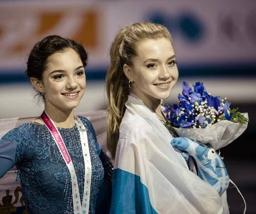 Dec. 12, 2015 - Russia s EVGENIA MEDVEDEVA and ELENA RADIONOVA, Gold and Bronze medallists in the Ladies competition of the 21st ISU Grand Prix of Figure skating Eiskunstlauf Final in Barcelona, pose for a photo - The ISU Grand Prix of Figure Skating Final, to be held jointly with the ISU Junior Grand Prix Final, is the crowning event of the Grand Prix Series circuit and the second most important event for the International Skating Union (ISU) after the World Championships. 21st ISU Grand Prix of Figure Skating Final - Day 3 - ZUMAo105
