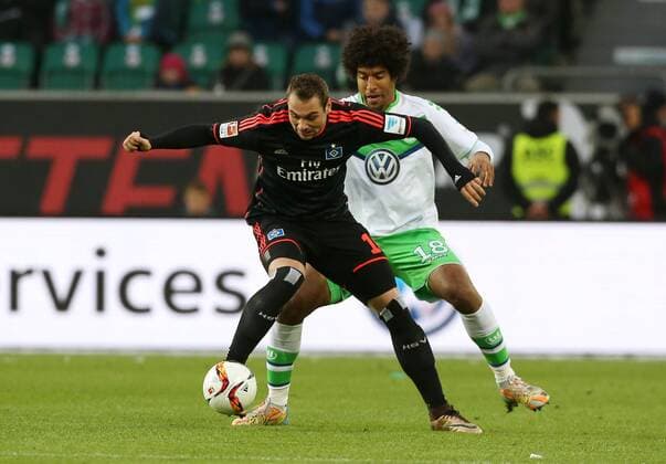 Pierre Michel Lasogga, Dante Aktion Spielszene Zweikampf Fußball Fussball DFL erste 1.Bundesliga Herren Saison 2015 2016 12.12.2015 VfL Wolfsburg vs. Hamburger SV HSV