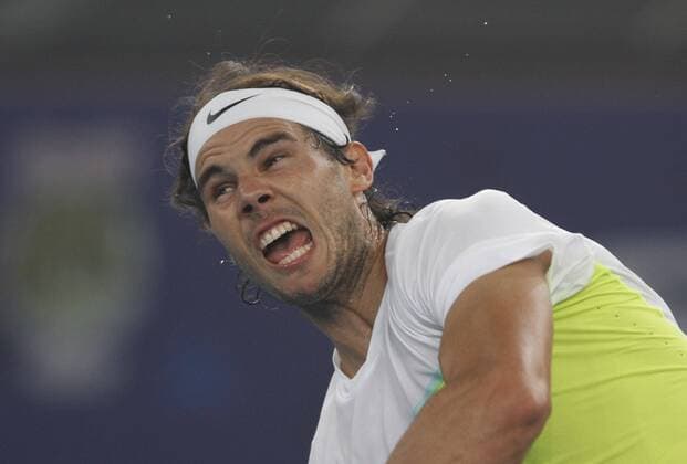 NEW DELHI, INDIA - DECEMBER 12: Rafael Nadal of Micromax Indian Aces Mens in action against Roger Federer of Obi UAE Royals during the Coca-Cola International premier Tennis League at IG Stadium on December 12, 2015 in New Delhi, India. (Photo by Virendra Singh Gosain Hindustan Times ) Coca-Cola International Premier Tennis League