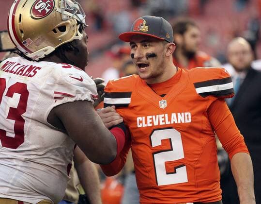 Dec. 13, 2015 - Cleveland, OH, USA - Cleveland Browns quarterback Johnny Manziel talks with San Francisco 49ers defender Ian Williams after Cleveland beat San Francisco 24-10 on Sunday, Dec. 13, 2015, at FirstEnergy Stadium in Cleveland, Ohio. San Francisco 49ers at Cleveland Browns - ZUMAm67_