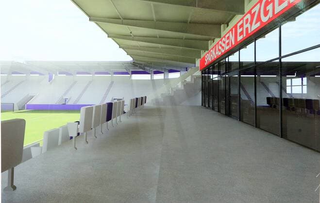 Fußball, 3. Liga, Erzgebirge Aue - Beginn des Stadionumbaus im Erzgebirgestadion Aue, 11.12.2015, Erzgebirgsstadion, Fussball, 3.Liga, FC Erzgebirge Aue, Stadionumbau. , Feierliche Eröffnung für die Bauarbeiten des Stadionneubaus. , Im Bild: Grafische Darstellung der Promenade vor den VIP-Räumen. , Repro-