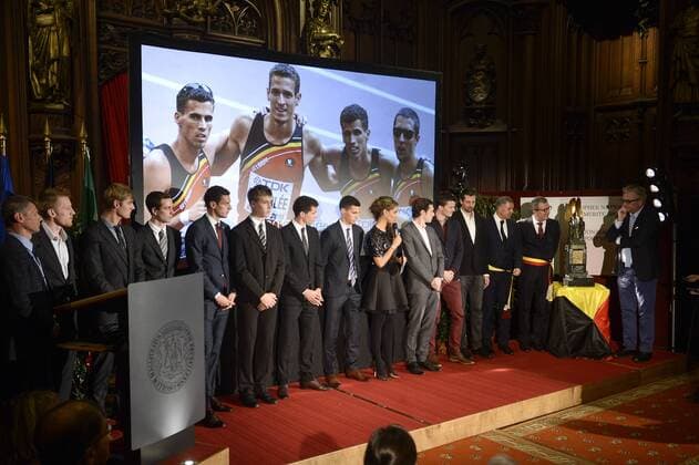Belgische Sportpreisverleihung in Brüssel - BRUSSELS, BELGIUM: L-R, Belgian athletics coach Jacques Borlee, (unidentified), (unidentified), Belgian Robin Vanderbemden, Belgian Dylan Borlee, Belgian Julien Watrin, Belgian Jonathan Borlee, Belgian Kevin Borlee, Belgian former athlete Kim Gevaert, Belgian former athlete Cedric Van Branteghem, Belgian Arnaud Ghislain, Belgian Antoine Gillet, Brussels alderman Alain Courtois, Brussels City mayor Yvan Mayeur and Prince Laurent of Belgium pictured during the award ceremony for the National Trophy of Sports Merit (Trophee National du Merite Sportif - Nationale Trofee voor Sportverdienste 2015), at the Brussels City Hall, Thursday 17 December 2015. DIRKxWAEM x67732657stx