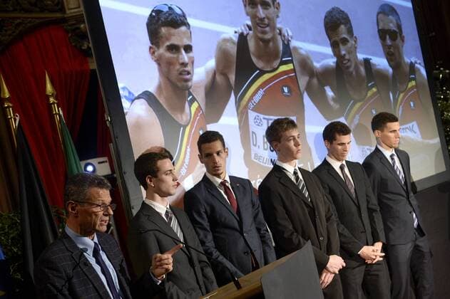 Belgische Sportpreisverleihung in Brüssel - BRUSSELS, BELGIUM: Belgian athletics coach Jacques Borlee, Belgian Robin Vanderbemden, Belgian Dylan Borlee, Belgian Julien Watrin, Belgian Jonathan Borlee and Belgian Kevin Borlee pictured during the award ceremony for the National Trophy of Sports Merit (Trophee National du Merite Sportif - Nationale Trofee voor Sportverdienste 2015), at the Brussels City Hall, Thursday 17 December 2015. DIRKxWAEM  x67732661stx