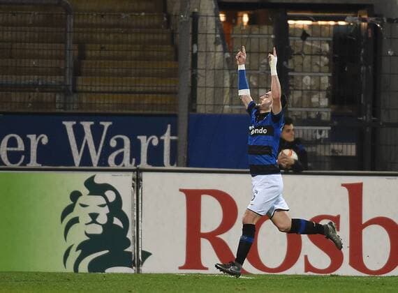 18.12.2015, xjhx, Fussball 2.Bundesliga, FSV Frankfurt - Arminia Bielefeld, emspor v.l. Fanol Perdedaj (FSV Frankfurt) celebrate the goal, Torjubel zum 1:0