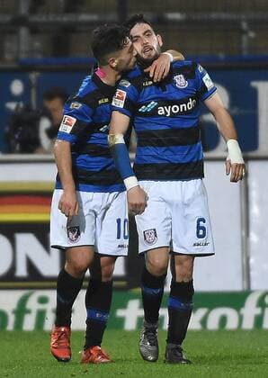 18.12.2015, xjhx, Fussball 2.Bundesliga, FSV Frankfurt - Arminia Bielefeld, emspor v.l. Besar Halimi (FSV Frankfurt), Fanol Perdedaj (FSV Frankfurt) celebrate the goal, Torjubel zum 1:0