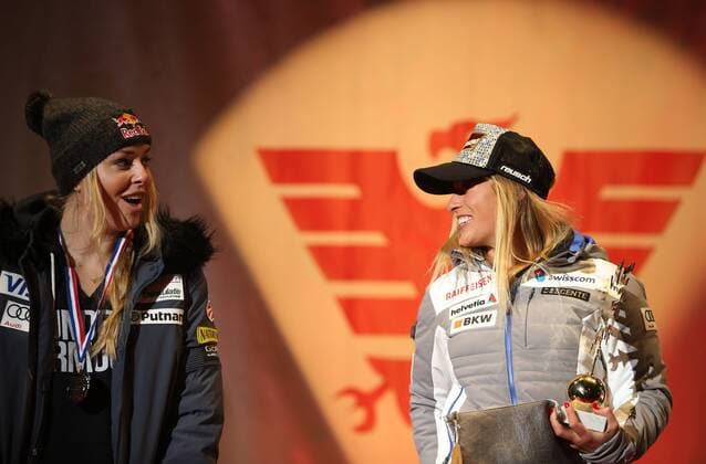 ALPINE SKIING - FIS WC Val D Isere VAL D ISERE,FRANCE,18.DEC.15 - ALPINE SKIING - FIS World Cup, alpine combined, downhill slalom, ladies, award ceremony. Image shows Lindsey Vonn (USA) and Lara Gut (SUI). Keywords: medal, trophy. GEPAxpictures xAndreasxPranter