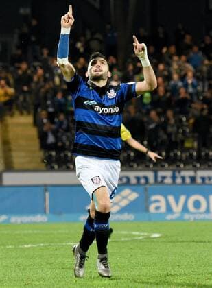 18.12.2015, xfux, Fussball 2.Bundesliga, FSV Frankfurt - Arminia Bielefeld, emspor v.l. Fanol Perdedaj (FSV Frankfurt) Torjubel, Goal celebration, celebrate the goal zum 1:0