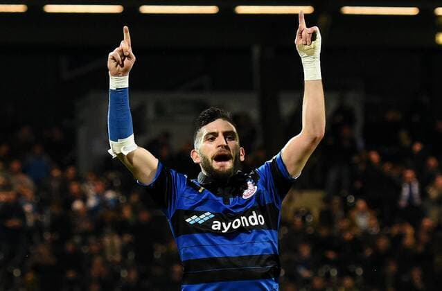 18.12.2015, xfux, Fussball 2.Bundesliga, FSV Frankfurt - Arminia Bielefeld, emspor v.l. Fanol Perdedaj (FSV Frankfurt) Torjubel, Goal celebration, celebrate the goal zum 1:0