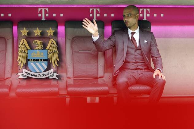 Medien: Guardiola verlaesst Bayern im Sommer 2016 Ancelotti soll Nachfolger werden.Pep Guardiola wird seinen im Juni 2016 auslaufenden Vertrag beim Rekordmeister nicht verlaengern und bei Manchester City anheuern. Zwar gibt es noch keine offizielle Stellungnahme zu diesem Thema, aber den Protagonisten nahestehende Medien berichten unabhaengig voneinander, dass der spanische Star-Coach nach drei Jahren Amtszeit seine Zelte in Muenchen abbrechen wird.FOTOMONTAGE. Archivfoto: Pep (Josep) GUARDIOLA (Trainer FCB) nimmt auf der Trainerbank Platz und winkt,Bank,Einzelbild,Freisteller, Ganzkoerperaufnahme,ganze Figur. Offizielle Vorstellung von Pep (Josep) GUARDIOLA als neuer Trainer des FC Bayern Muenchen Liga1,Fussball 1. Bundesliga,Saison 2013 14,am 24.06.2013. A L L I A N Z A R E N A. ÂÂ