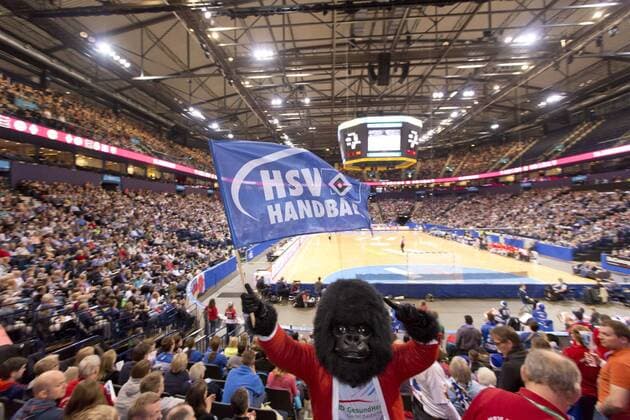 Themen der Woche - Sport Bilder des Tages - SPORT Handball DKB Handball Bundesliga 2013 2014 - HSV Handball vs. SC Magdeburg Maskottchen vom HSV Handball und Fans, Zuschauer Barclay Card Arena Hamburg