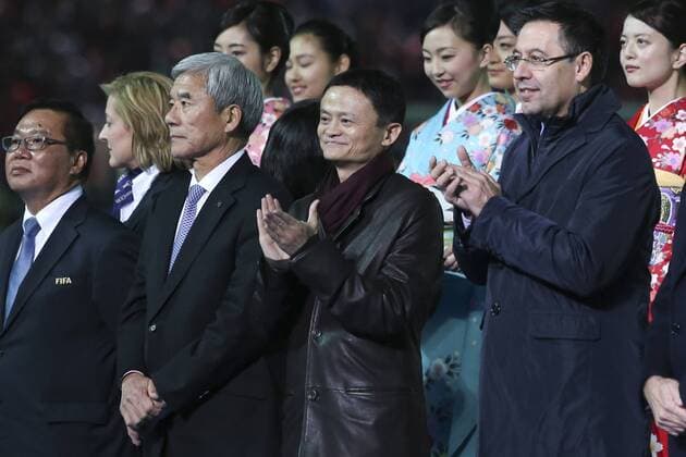 YOKOHAMA, JAPAN - DECEMBER 20: (CHINA OUT) Alibaba Group Chairman Jack Ma (2nd R) attends awards ceremony after the FIFA Club World Cup Final Match between FC Barcelona Barca and River Plate at International Stadium Yokohama on December 20, 2015 in Yokohama, Japan.  CFP477426951 