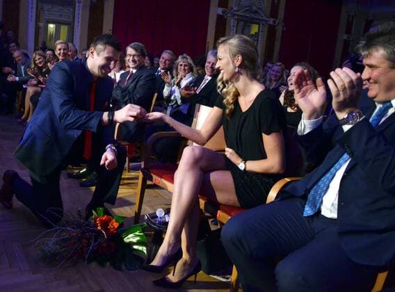 The Czech tennis team, which won the Fed Cup this year again, received the 2015 best Czech tennis player award, Golden Canary, today, on December 22, 2015, being the first women s team to win the main prize. Prerov, Czech Republic. On the photo Radek Meinl performs how he gave a wedding ring to his fiancee Petra Kvitova. (CTKxPhoto VladislavxGalgonek) CTKPhotoP201512220795801  GAL 7