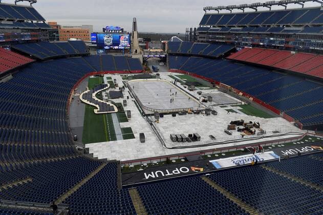Wednesday, December 23, 2015: Work crews build an Ice hockey Eishockey rink on the game field at Gillette Stadium in preparation for the 2016 Bridgestone NHL Eishockey Herren USA Winter ClassicÃ‚Â® hockey game between the Montreal Canadiens and the Boston Bruins to be held January 1, 2016 in Foxborough, Massachusetts. NHL 2015: 2016 Bridgestone NHL Winter Classic DEC 23 - ZUMAc04_