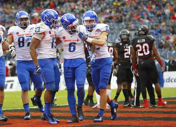 Dec. 23, 2015 - San Diego, CA, USA - SAN DIEGO, CA -DEC. 23, 2015 - Boise State s Chaz Anderson (6) celebrates a touchdown with Jeremy McNichols, left, and Thomas Sperbeck against Northern Illinois University during the Poinsettia Bowl. San Diego USA - ZUMAs44_ DEC 23 2015 San Diego Approx USA San Diego Approx DEC 23 2015 Boise State S Chaz Anderson said 6 celebrates a Touchdown With Jeremy McNichols left and Thomas against Northern Illinois University during The Poinsettia Bowl San Diego USA ZUMAs44_ Dec 23 2015 San Diego CA USA SAN DIEGO CA DEC 23 2015 Boise State s Chaz Anderson 6 - ZUMA4