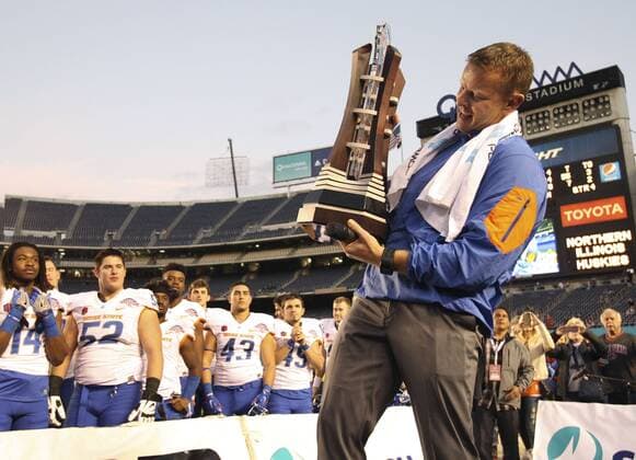 Dec. 23, 2015 - San Diego, USA - SAN DIEGO, December 23, 2015 Boise State head coach Bryan Harsin holds the trophy after Boise State beat NIU 55-7 during the Poinsettia Bowl at Qualcomm Stadium in San Diego on Wednesday. -Mandatory Photo Credit: Photo by Hayne Palmour IV San Diego Union-Tribune, LLC San Diego USA - ZUMAs44_ DEC 23 2015 San Diego USA San Diego December 23 2015 Boise State Head Coach Bryan holds The Trophy After Boise State Beat Niu 55 7 during The Poinsettia Bowl AT Qualcomm Stage in San Diego ON Wednesday Mandatory Photo Credit Photo by Hayne Palmour IV San Diego Union Tribune LLC San Diego USA ZUMAs44_ Dec 23 2015 San Diego USA SAN DIEGO December 23 2015 Boise State head coach Bryan Harsin ho - ZUMA3