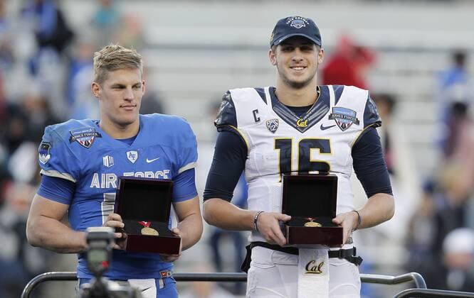 Dec. 29, 2015 - Fort Worth, TX, USA - Air Force quarterback Karson Roberts, left, and California quarterback Jared Goff are presented with MVP trophies after their game in the Lockheed Martin Armed Forces Bowl at TCU in Fort Worth, Texas, on Tuesday, Dec. 29, 2015. Armed Forces Bowl: California vs. Air Force - ZUMAm67_