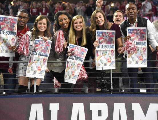 The Alabama Crimson Tide celebrate their 38-0 win over the Michigan State Spartans in the College Football Playoff Semifinal at the Goodyear Cotton Bowl Classic at AT&T Stadium on December 31, 2015 in Arlington, Texas. The Tide will face Clemson in the National Championship on January 11, 2016.  DAL20151231112 IanxHalperin
