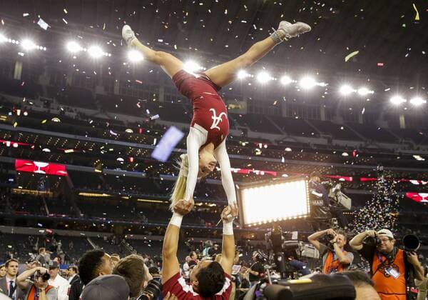 December 31, 2015: Alabama Crimson Tide cheerleaders celebrate after the Goodyear Cotton Bowl Classic - College Football Playoff Semifinal game between Michigan State Spartans and the Alabama Crimson Tide at AT&T Stadium in Arlington, TX. The Crimson Tide defeated the Spartans 38-0 NCAA College League USA Football 2015: Goodyear Cotton Bowl Classic Michigan State vs. Alabama DEC 31 - ZUMAc04_