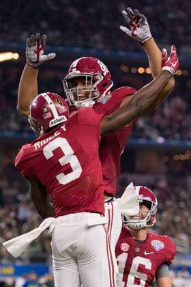 December 31, 2015: Alabama Crimson Tide wide receiver Calvin Ridley (3) celebrates with a teammate after scoring a touchdown during the second half of the Goodyear Cotton Bowl between the Michigan State Spartans and the Alabama Crimson Tide at AT&T Stadium in Arlington, Texas. The Alabama Crimson Tide defeated the Michigan State Spartans 38-0. NCAA College League USA Football 2015: Goodyear Cotton Bowl Michigan State vs Alabama DEC 31 - ZUMAc04_