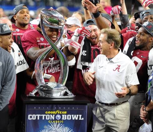 December 31, 2015: Alabama Crimson Tide head coach Nick Saban and team celebrate at trophy celebration after winning the Goodyear Cotton Bowl Classic between the Michigan State Spartans and the Alabama Crimson Tide at the AT&T in Dallas, Texas. NCAA College League USA Football 2015: Goodyear Cotton Bowl Classic Michigan State vs Alabama DEC 31 - ZUMAc04_