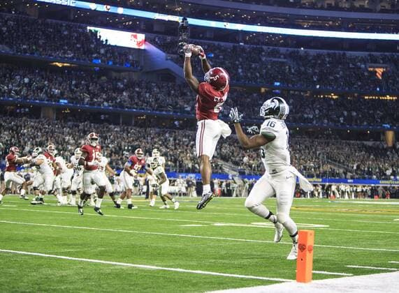 December 31, 2015: Alabama Crimson Tide defensive back Cyrus Jones (5) intercepts the Michigan State pass with 6 seconds left in the 1st half during the Goodyear Cotton Bowl game between Michigan State vs Alabama at the AT&T Stadium in Arlington, Texas. NCAA College League USA Football 2015: Goodyear Cotton Bowl Classic Michigan State vs Alabama DEC 31 - ZUMAc04_