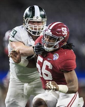 December 31, 2015: Michigan State Spartans offensive lineman Kodi Kieler (79) and Alabama Crimson Tide linebacker Tim Williams (56) during the Goodyear Cotton Bowl game between Michigan State vs Alabama at the AT&T Stadium in Arlington, Texas. NCAA College League USA Football 2015: Goodyear Cotton Bowl Classic Michigan State vs Alabama DEC 31 - ZUMAc04_