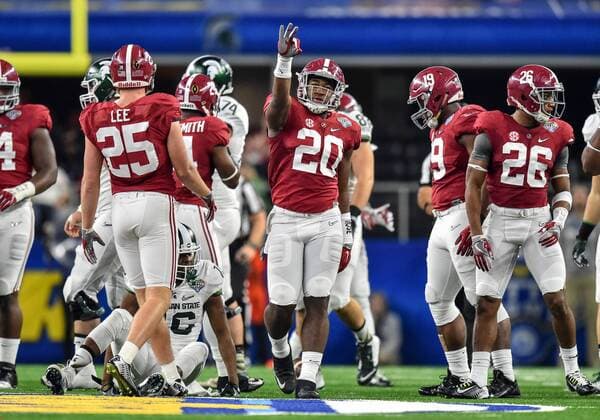 December 31st, 2015: .Alabama Crimson Tide linebacker Shaun Hamilton (20) celebrates after making a tackle during the 2015 Goodyear Cotton Bowl game between the Michigan State Spartans and Alabama Crimson Tide at the AT&T Stadium in Arlington Texas..Alabama wins 38-0. NCAA College League USA Football 2015: Goodyear Cotton Bowl Classic Michigan State vs Alabama DEC 31 - ZUMAcf3_
