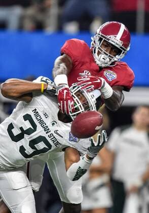 December 31st, 2015: .Alabama Crimson Tide wide receiver Calvin Ridley (3) tries to make a catch as Michigan State Spartans cornerback Jermaine Edmondson (39) knocks the ball away during the 2015 Goodyear Cotton Bowl game between the Michigan State Spartans and Alabama Crimson Tide at the AT&T Stadium in Arlington Texas..Alabama wins 38-0. NCAA College League USA Football 2015: Goodyear Cotton Bowl Classic Michigan State vs Alabama DEC 31 - ZUMAcf3_