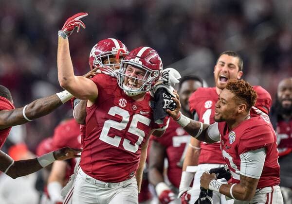 December 31st, 2015: .Alabama Crimson Tide linebacker Dillon Lee (25) celebrates with teammates Alabama Crimson Tide wide receiver ArDarius Stewart (13) and Alabama Crimson Tide defensive back Marlon Humphrey (26) after he pulls in an interception during the 2015 Goodyear Cotton Bowl game between the Michigan State Spartans and Alabama Crimson Tide at the AT&T Stadium in Arlington Texas..Alabama wins 38-0. NCAA College League USA Football 2015: Goodyear Cotton Bowl Classic Michigan State vs Alabama DEC 31 - ZUMAcf3_
