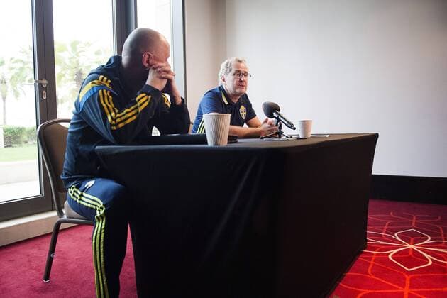 Fußball, Nationalteam Schweden, PK mit Erik Hamren 160103 Sveriges förbundskapten Erik Hamren under en presskonferens den 3 januari 2016 i Abu Dhabi.  Copyright: JOHANNAxLUNDBERG BB160103JL015