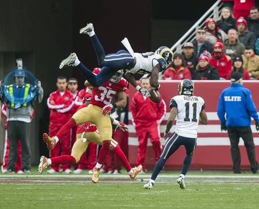 December 3, 2015: St. Louis Rams wide receiver Brian Quick (83) leaps high during the NFL American Football Herren USA football game between the St. Louis Rams and the San Francisco 49ers at Levi s Stadium in Santa Clara, CA. The Rams lead the the 49ers 16-10 at halftime. NFL 2016: Rams vs 49ers DEC 03 - ZUMAct6_