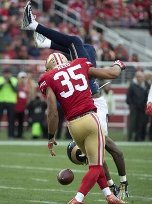 St. Louis Rams Brian Quick (83) is upended by San Francisco 49ers Eric Reid (35) in the second quarter at Levi s Stadium in Santa Clara, California on January 3, 2016. The 49ers defeated the Rams 19-16 in overtime.  SXP2016010307 TERRYxSCHMITT